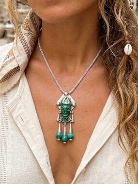 Vintage Taxco Mexico Sterling silver malachite warrior pendant